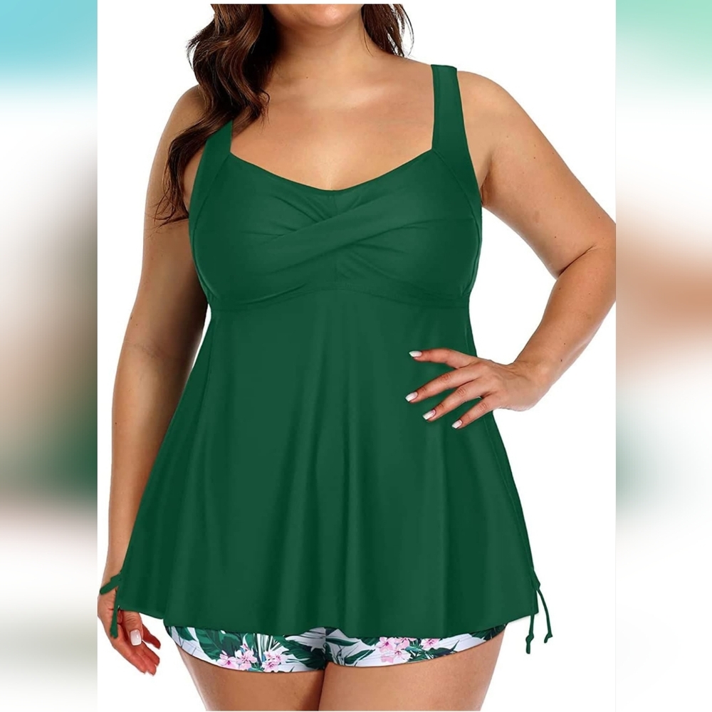 Women's Two Piece Swimwear Green Tikini Tropical Floral Bottom Short XL